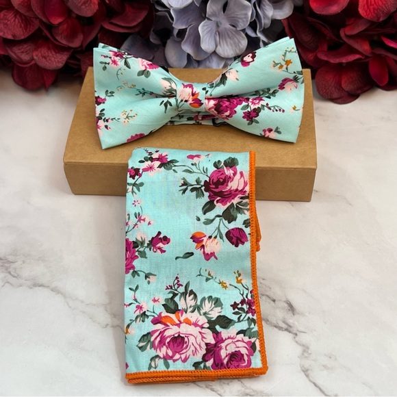 Other - Light Blue Floral Butterfly Bow Tie and Pocket Square
